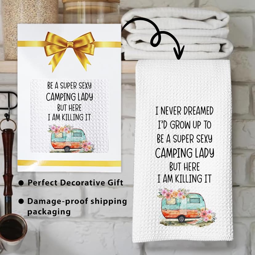 Camping Kitchen Towels 16x24 Waffle Weave, I Never Dreamed I’d Grow Up to Be a Super Sexy Camping Lady Dish Towels, Camp RV Gifts for Women, Gifts for Campers -A01 B0FFMWD7JP