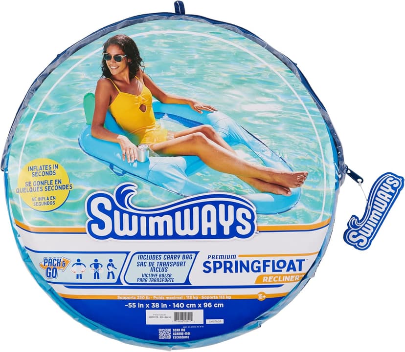 SwimWays Spring Float Premium Recliner Pool Lounger, Inflatable Pool Floats Adult with Fast Inflation for Ages 15 & Up, Sky Blue