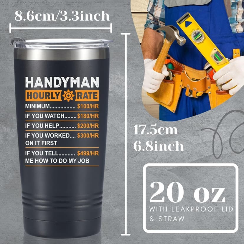 Onebttl Funny Handyman gifts for Men, Handyman Gifts Idea, 20 oz Insulated Stainless Steel Tumbler, Hourly Rate Travel Mug