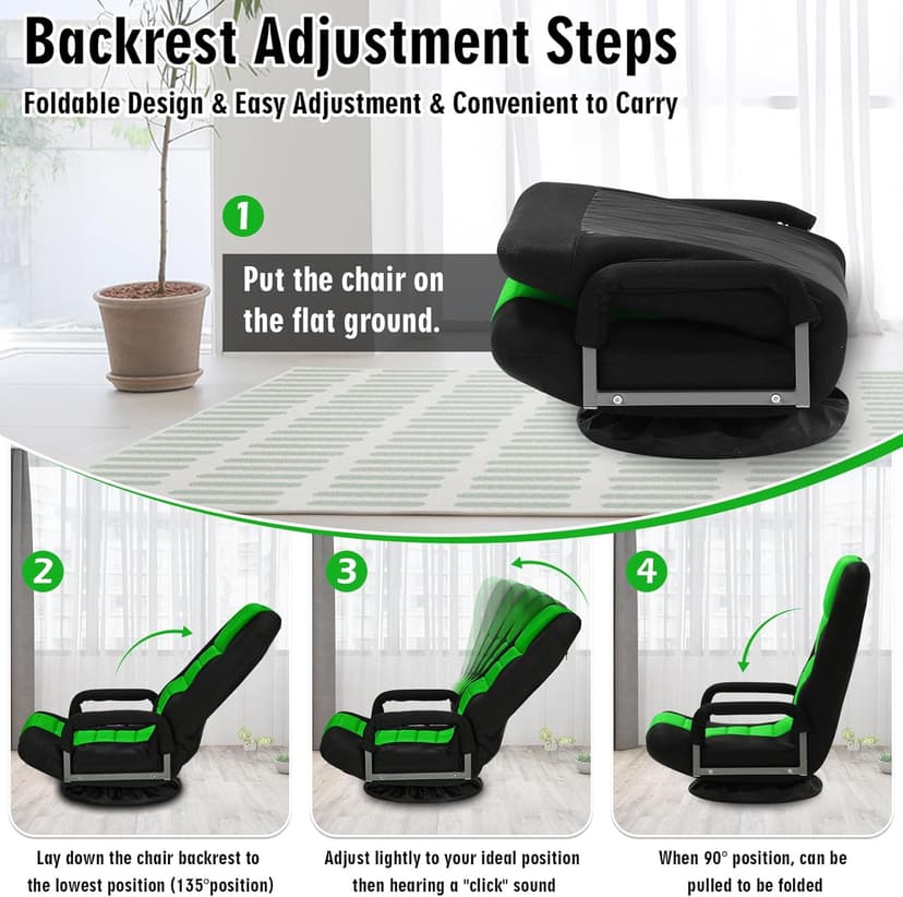 Swivel Floor Gaming Chair w/Armrests,Folding Video Reclining Sofa w/6 Adjustable Position, Padded Backrest & Cushion, Lazy Lounger Couch for E-Sports, Reading, Relaxing, Watching TV, Green