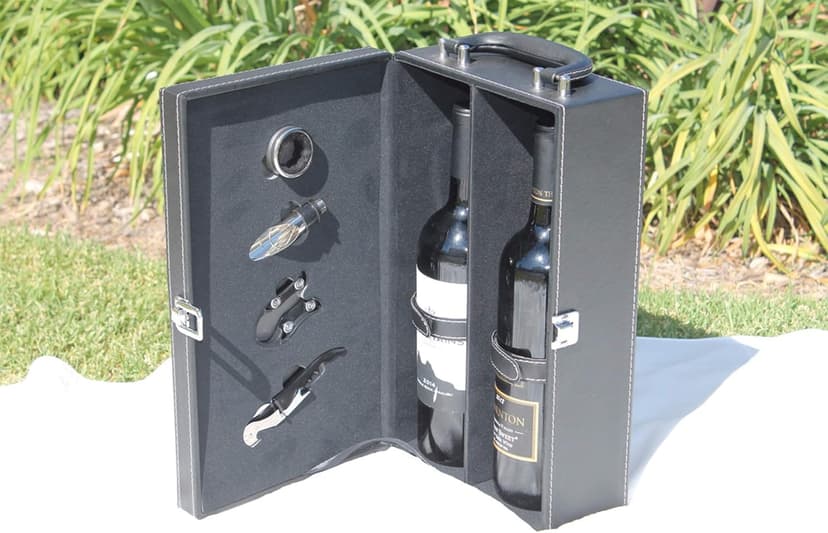 Lifestyle Top Handle Travel Two-Bottle Wine Carrier Case with 4 Piece Wine Accessory Set (Brown)