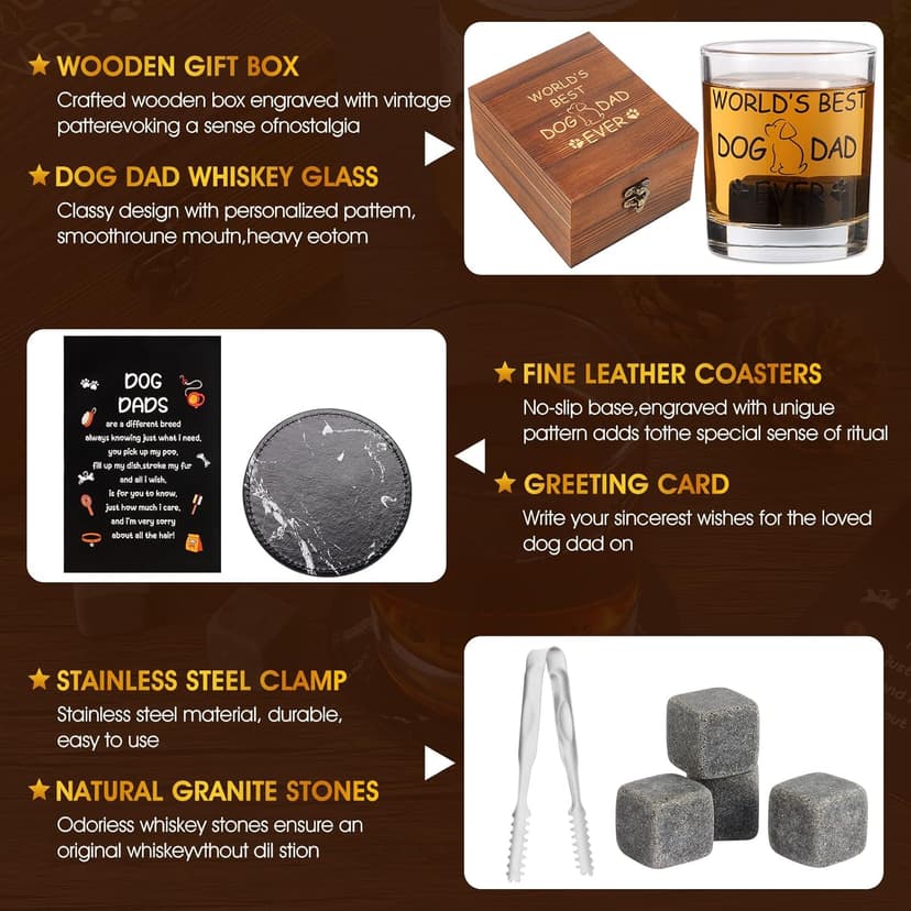 Dog Dad Gifts, Best Gift for Dad, Gift with 12oz Whiskey Glasses, Stones, Coaster, Wooden Box for Dogfather