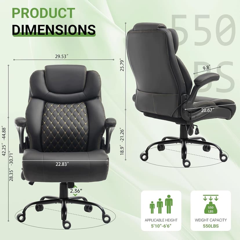 Office Chair, Big and Tall Executive Chairs with Lumbar Support for Back Pain, Breathable Desk Computer Chair with Adjustable Flip-up Armrests, Wide Cushion Swivel Home Office Chair Black PU