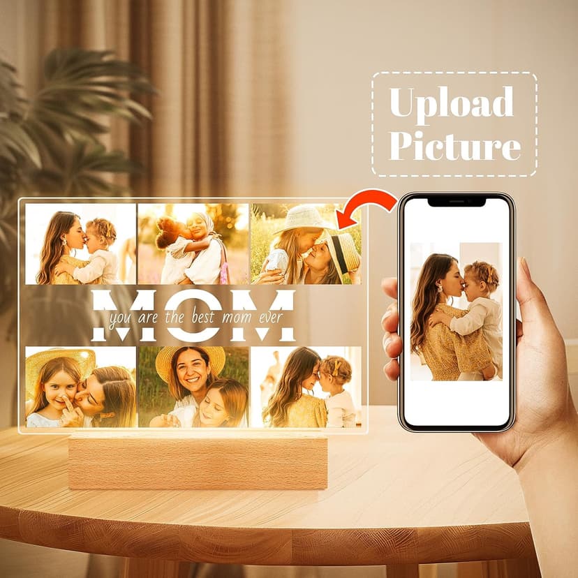 Personalized Gifts for Mom from Daughter Son, Custom Picture Frames with Photos, Customized Photo Frame with Night Light, Personalized Christmas Birthday Gifts for Mom Baby Kids Family