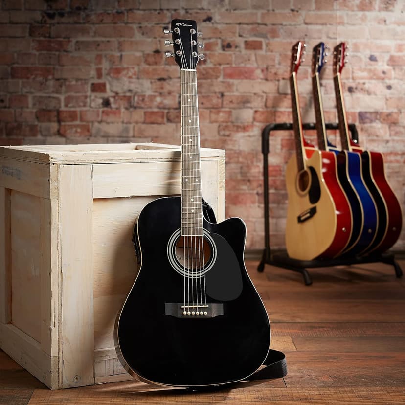 Jameson Guitars Full Size Thinline Acoustic Electric Guitar with Free Gig Bag Case & Picks Black Right Handed