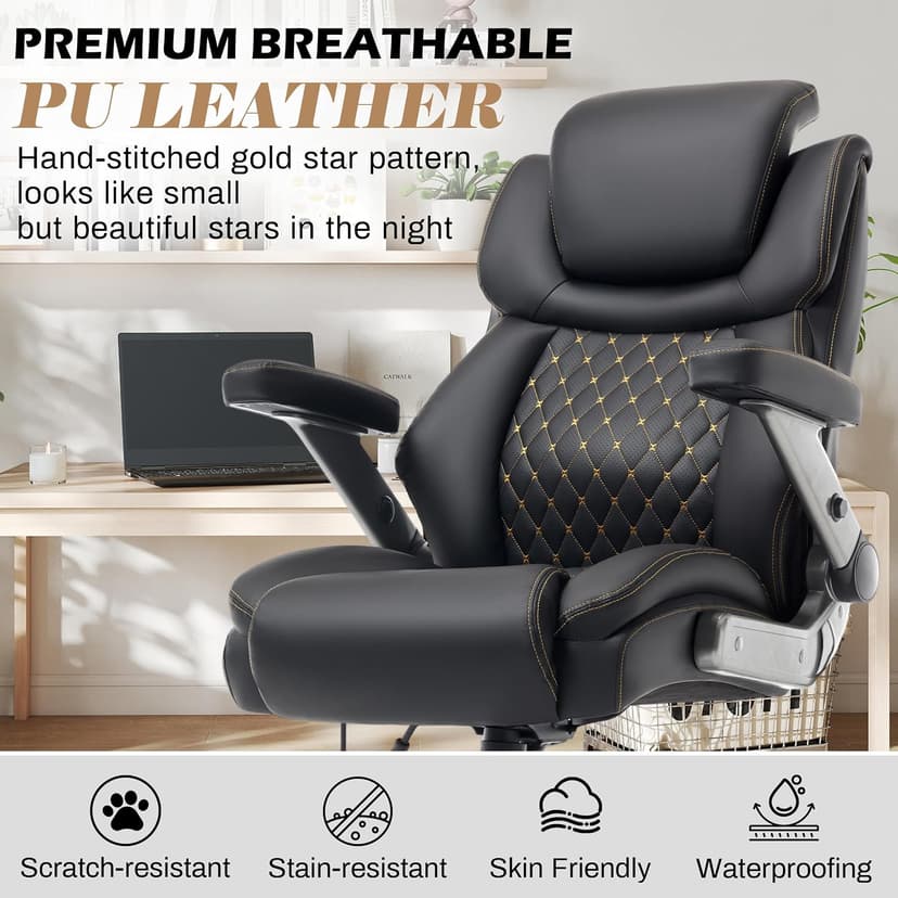 Oversized Big and Tall Office Chair 750lbs with Adjustable Headrest & Lumbar Airbag, Large Executive Chair with 5D Flip Arms, Heavy Duty Metal Base Chair with Hollow Casters & Thick Spring Seat, Black