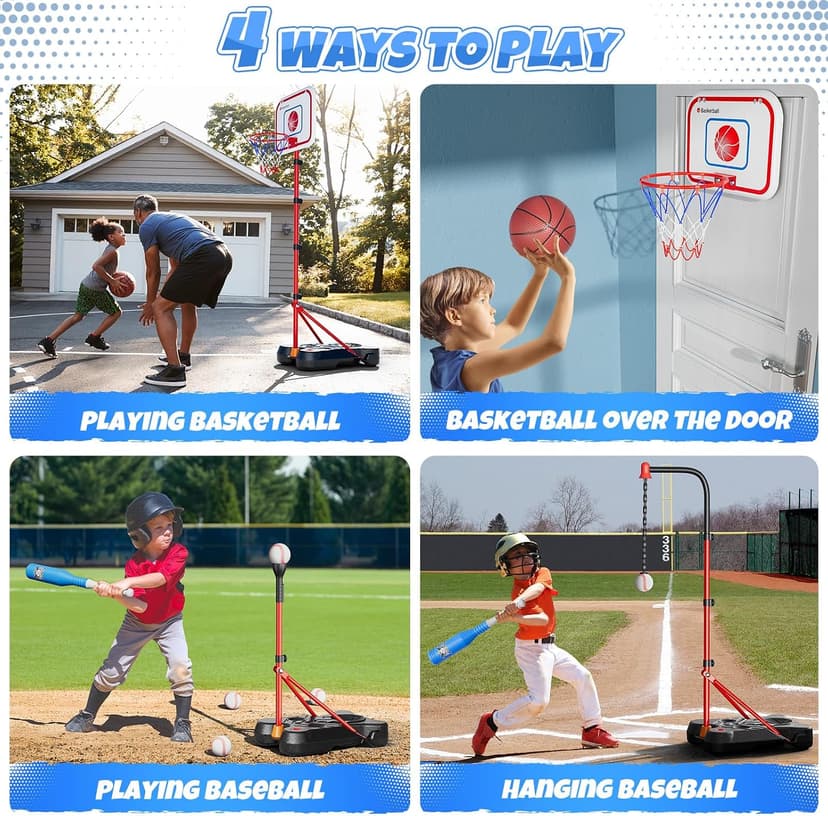 Adjustable basket ball Stand,Hanging Tee Baseball for Toddlers Boys Ages 2 3 4 5 6 7 8 Years Old, Outdoor Indoor Toys Gifts HopeRock 2 in 1 Kids Basketball Hoop and T Ball Set B0D53VWQGP
