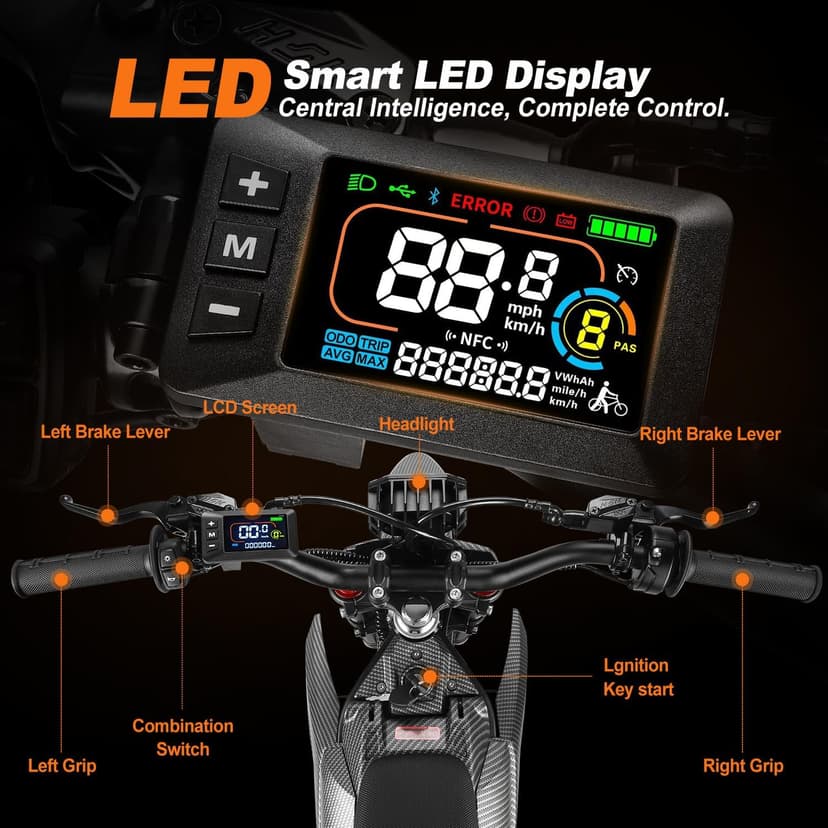 EM5 Electric Dirt Bike w/Light & Display, Off-Road Motorcycle 3400W 3 Speed Modes (Max 40MPH) 48V Range 53MI,14"/12" Tires,Dual Suspension & Hydraulic Brakes Fit Age 13+