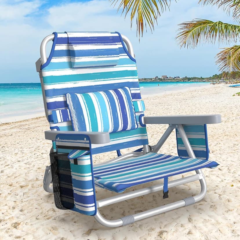 Suteck Backpack Beach Chairs for Adults, 5-Position Lay Flat Reclining Chair with Cooler Pouch, Cup Holder, Towel Bar, 2-Pack Portable Folding Beach Chair for Lawn Outdoor (1, Light Blue)