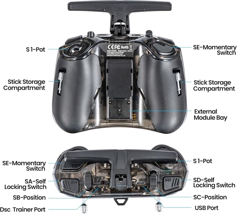 Radiomaster Pocket ELRS Remote Controller Portable Hall Gimbal EdgeTX Transmitter with LED Light for FPV Drone/RC Helicopter&Car Boats&Multirotor (Battery Not Included)