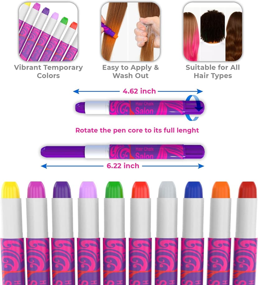 Desire Deluxe Hair Chalk for Girls Makeup Kit of 10 Temporary Colour Pens Gifts, Great Toy for Kids Age 5 6 7 8 9 10 11 12 13 Years Old, "Blue,Green,Grey,Pink,Purple