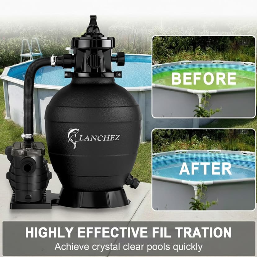 LANCHEZ 13in Sand Filter Pump for Above Ground Pool, 3/4 HP Pool Pumps Above Ground 3500 GPH for Pools up to 11000 GAL, Pool Sand Filter with 7-Way Valve