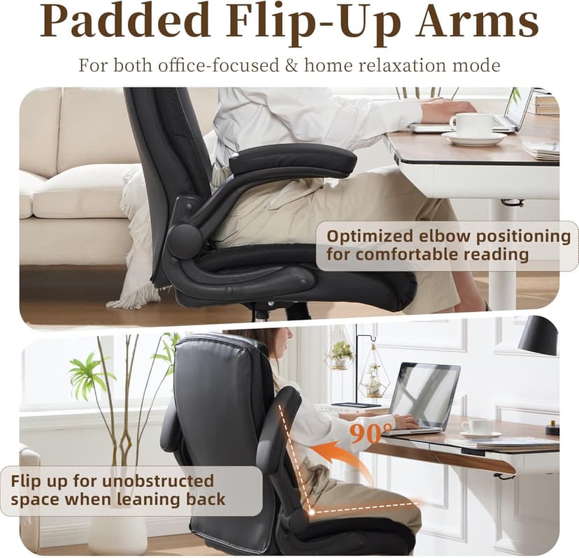 Office Chair, Executive Leather Office Chair with Lumbar Support & Flip-up Armrests, Ergonomic Adjustable High Back Swivel Chair with Rocking Function (Black)