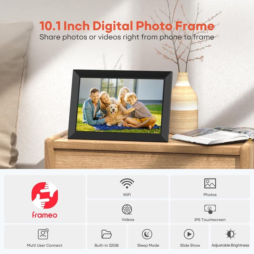 BIGASUO Digital Picture Frame, 10.1" Frameo Digital Frame WiFi with 32GB Memory, 1280x800 IPS Touch Screen, Send Photos/Videos from Your Phone Anywhere, Photo Gifts for Parents and Grandparents
