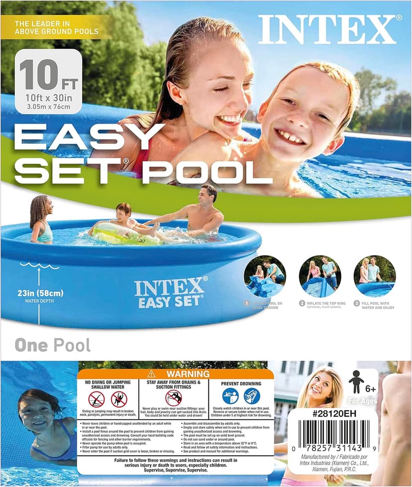 Intex 28120EH Easy Set Inflatable Swimming Pool: 10ft x 30in – Puncture-Resistant Material – Quick Inflation – 1018 Gallon Capacity – 23in Water Depth