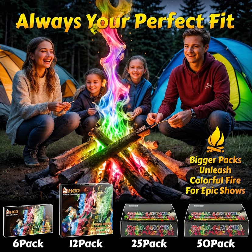 HGD (6 Pack) Magic Campfire Fire Color Changing Packets for Fire Pit, Indoor/Outdoor Fireplace, Bonfire - Rainbow Magical Flame, Camping Accessory, Compatible with Wood B0CHDSB1HB