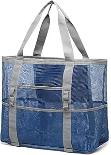 F-color Mesh Beach Bag Family - Large Tote Bag 9 Pockets for Swim Pool Toys Cruise Beach Vacation Essentials