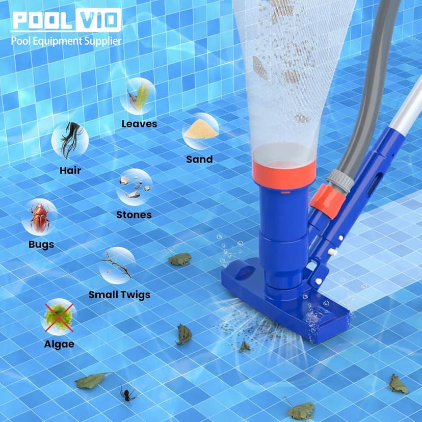 Poolvio Pool Cleaning Kit with Spa Jet Vacuum Cleaner, 8-Foot Pole, Leaf Rake Net & Round Brush for Inflatable and Above-Ground Pools