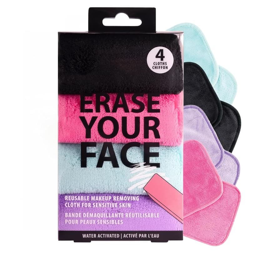 ERASE YOUR FACE Reusable Makeup Remover Cloths - Microfiber Face Towels to Cleanse & Remove Makeup - Water Activated for Sensitive Skin - Multi-Color (4 Count)