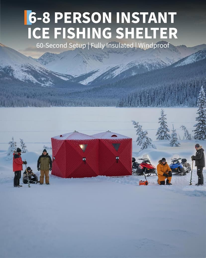 Garvee Insulated Pop-Up Ice Fishing Tent, 6-8 Person Portable Hub-Style Tent, Windproof Thermal Shanty with Hub Design, 420D 3-Layer Fabric for Winter Fishing