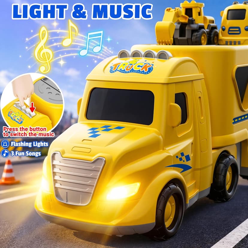 Transport Carrier Vehicle Toddler Toy with Light & Music, Excavator Dump Truck Bus Kids Gift for Boys and Girls (Yellow) Funwee 7-in-1 Construction Truck Toy w/ 6 Pull Back Cars & Track, Ages 1-5+ B0H9RSRFL7