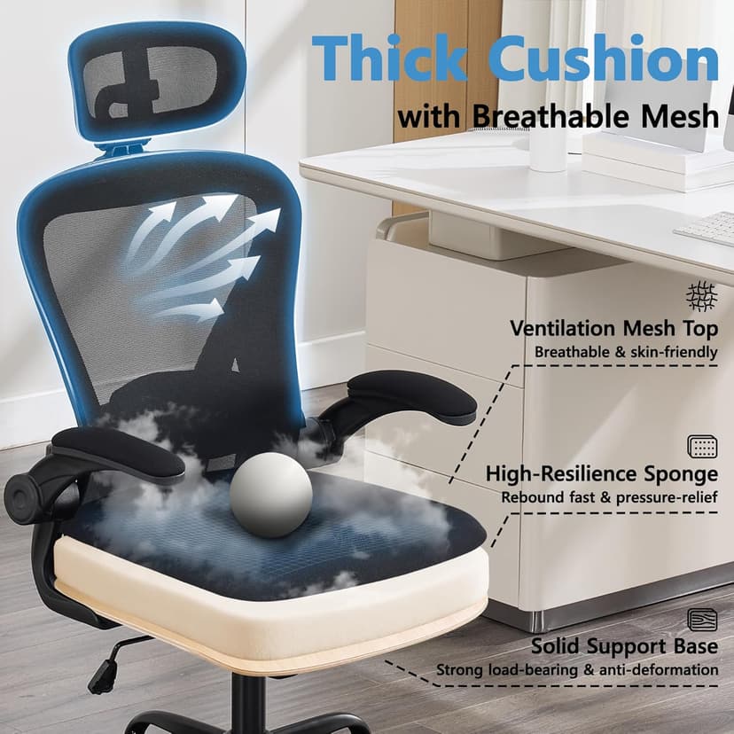 Office Chair, Ergonomic Office Chair with Headrest, Comfy Home Office Desk Chairs with Lumbar Support & Flip-up Armrests, 330LBS High Back Mesh Computer Desk Chair for Home Office, Black