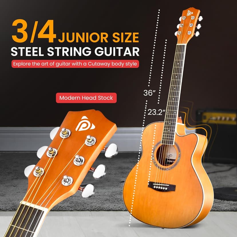 Pyle Steel String Acoustic Guitar Kit, 3/4 Junior Size Cutaway All-Wood Guitarra Acustica with Premium Accessory Set and Upgraded Gig Bag, 36" Orange