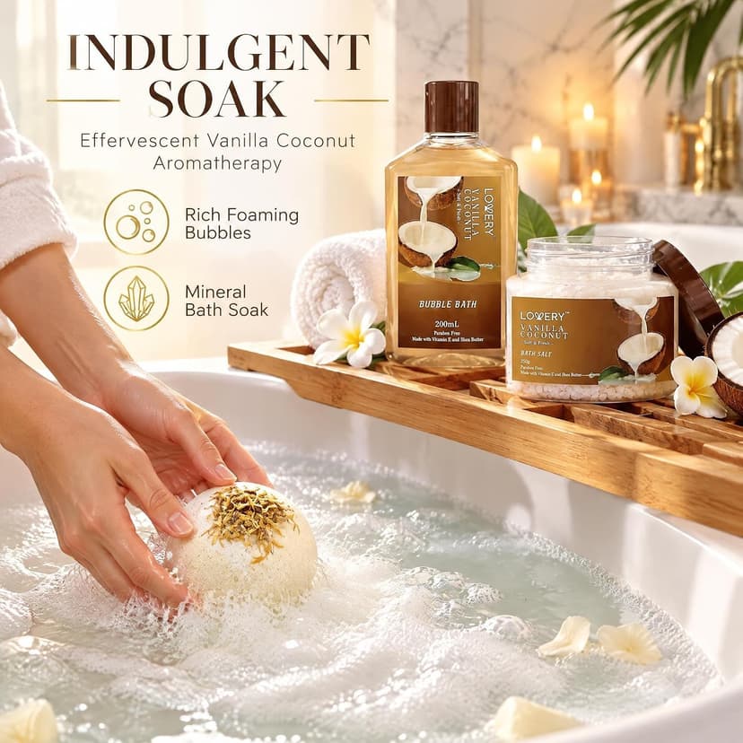 Gifts For Women Gift Basket for Women– 9 Piece Set of Vanilla Coconut Home Spa Set, Includes Fragrant Lotions, Extra Large Bath Bombs, Coconut Oil, Luxurious Bath Towel & More