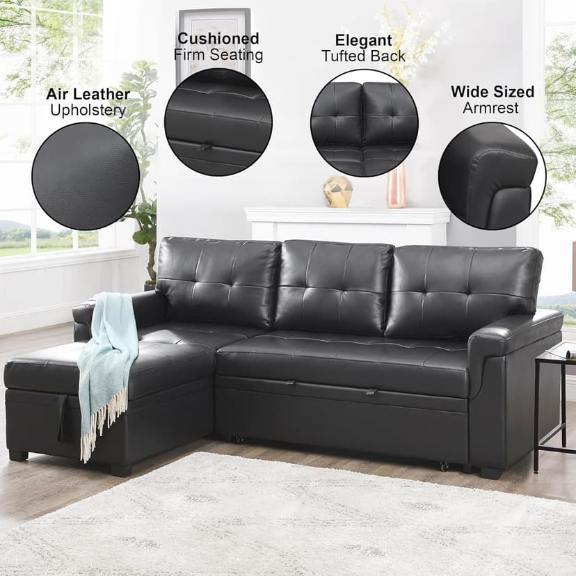 Naomi Home Modern Sectional Sofa with Storage Chaise Black/Air Leather