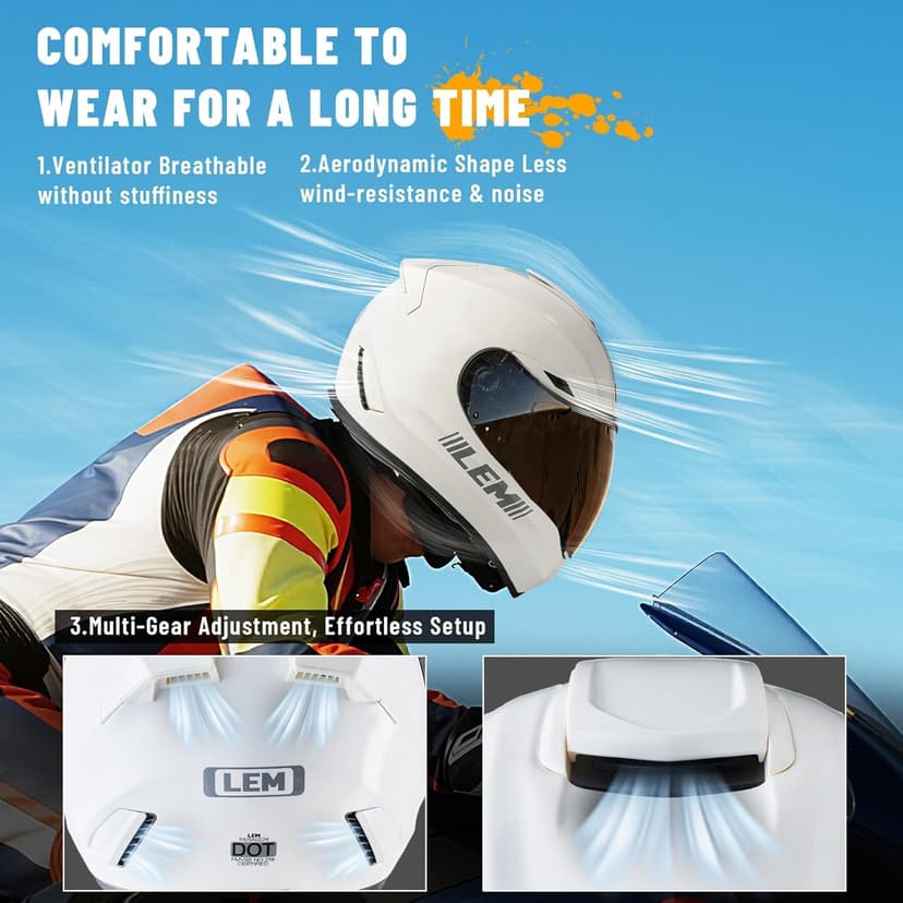 LEM Motorcycle Helmets Full Face, Helmets for Men DOT Certified, PINLOCK & DVS Dual Vision, Motorcycle Street Bike Helmet for Adults Fiberglass Shell Bluetooth Ready for Cruiser(White, Size M)