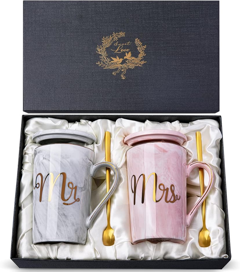 Gifts for Anniversary Bride and Groom, 14oz Ceramic Mr and Mrs Mug Set with Real Gold Foil, Greeting Card, Gift Box Biching Wedding Gifts for Couples 2026, Bridal Shower Engagement Gift B0CF3SG6DX