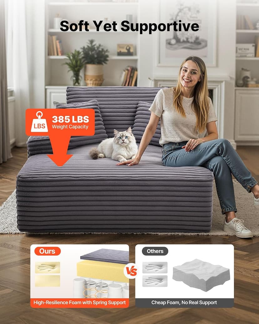 VEVOR Chaise Lounge Chair, 48 in Boneless Chaise Lounge Indoor, Modern Upholstered Oversized Reading Chair with Throw Pillows & Armrests, Sofa Couch Deep Seat Sleeper for Living Room, Bedroom, Balcony