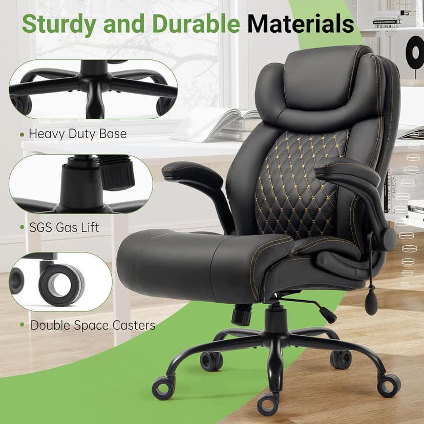 Office Chair, Big and Tall Executive Chairs with Lumbar Support for Back Pain, Breathable Desk Computer Chair with Adjustable Flip-up Armrests, Wide Cushion Swivel Home Office Chair Black PU