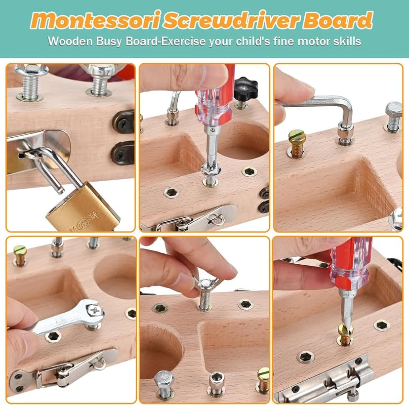 Montessori Screwdriver Board Set with Lock and Key, Montessori Toys for 3 4 5 Year Old, Wooden Screw Driver Activities Tools, Fine Motor Skills Preschool Learning Sensory Toy B0G4VS2511