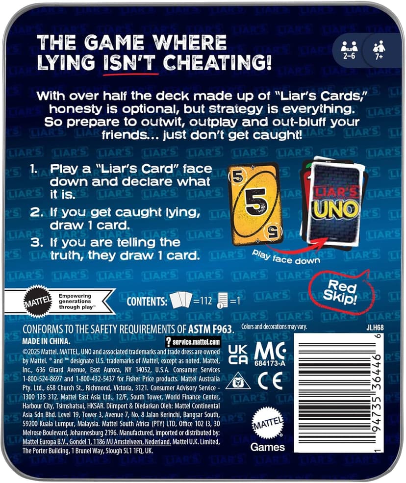 Mattel Games Liar’s UNO Card Game in Travel & Storage Tin for Adults, Kids, Families, Parties & Game Nights, Outwit Other Players with Bluffing & Trickery (Amazon Exclusive)