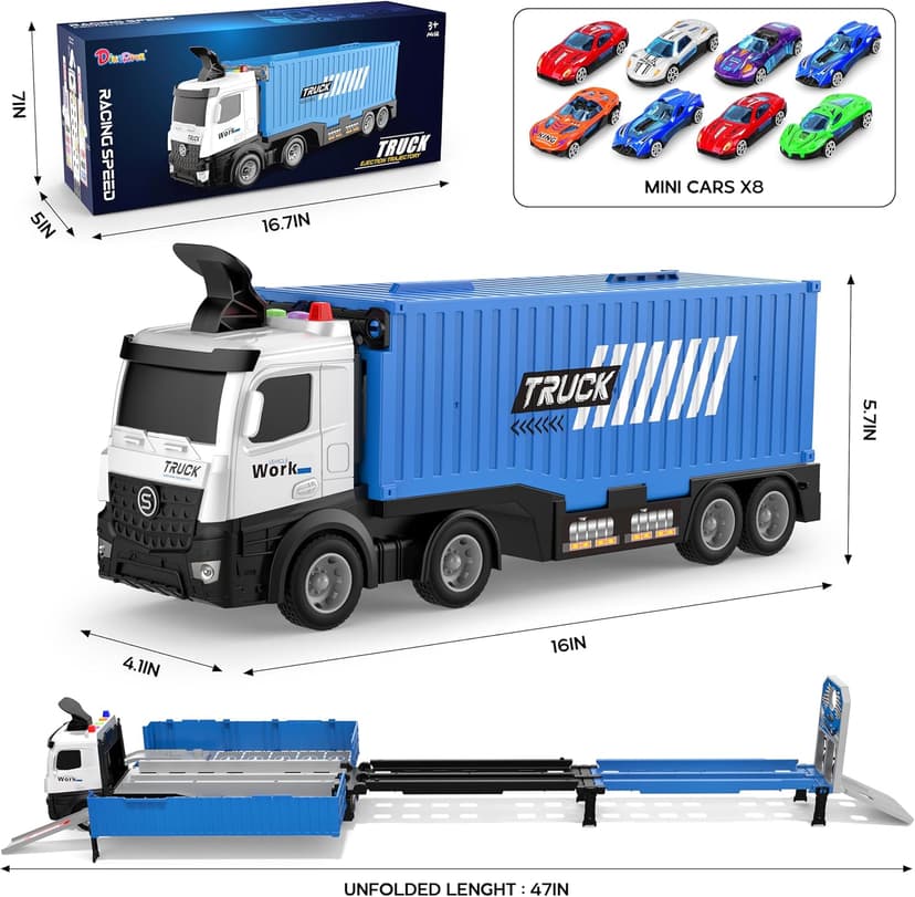 Carrier Truck Race Track Toddlers Toys, Foldable 3 Layer Track Playset, Toy Truck Transport Car Carrier & 8 Race Cars, Truck Car Kids Toys Xmas Gifts for Age 3 4 5 6+ Years Old Boys Girls