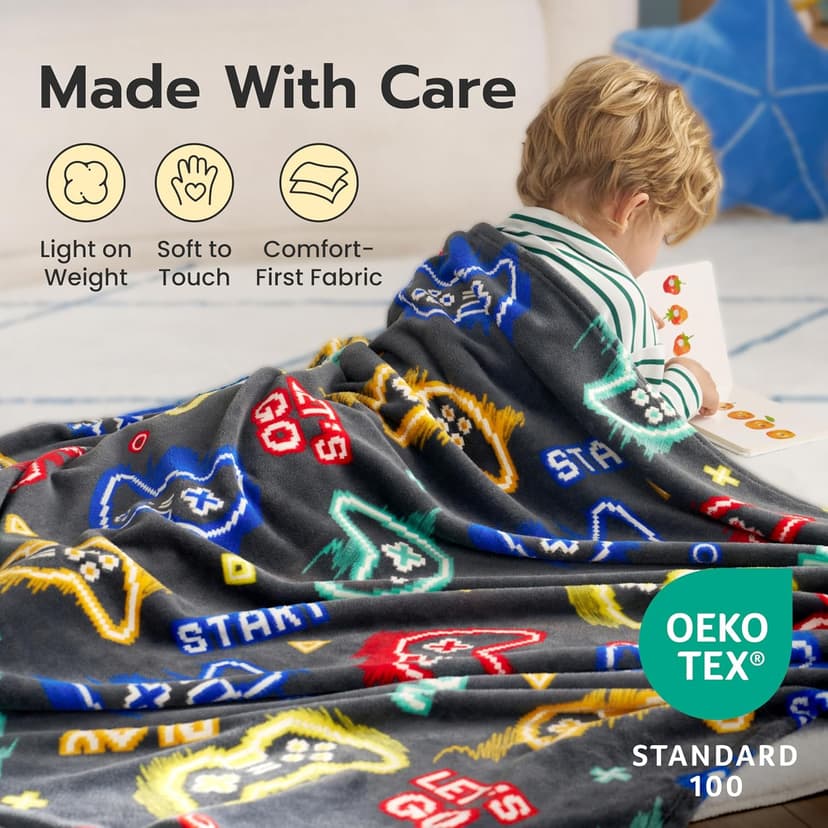 Joiedomi Glow in The Dark Gaming Blanket Gamer Gifts for Boys Age 2 3 4 5 6 7 8 9 10 11 12 Year Old, Soft Cozy Flannel Kids Throw Blanket, Birthday Bedroom Decor Grey 50"×60"