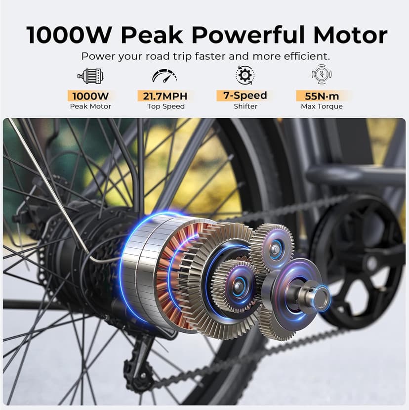 Electric Bike for Adults, Peak 1000W Ebike, 50Miles 21.7MPH UL 2849 Certified Commuter Bike, 26'' City Cruiser Bicycle with 48V Removable Battery, Rear Rack, Adjustable Stem, 7 Speed