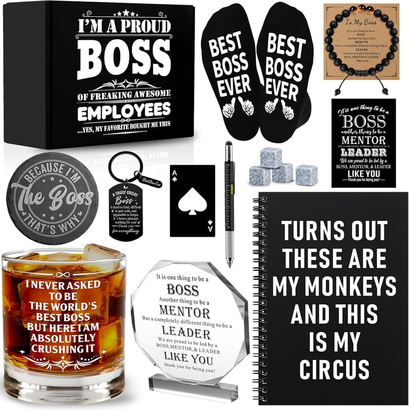 15 Pcs Boss Day Gifts for Men Whiskey Glass Set, Best Boss Ever Gifts with 11 Oz Whisky Glass Coaster Stones Socks Crystal Plaque Spiral Notebook Keychain, Bosses Inspirational Gift from Employees