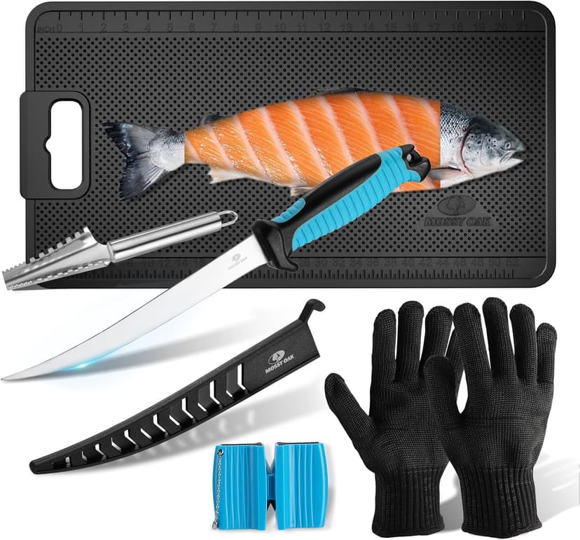 Mossy Oak Fish Fillet Knife Set, 5 PCS Fish Cleaning Kit Includes 7" Fishing Knife, Non-Slip Fish Fillet Mat, Knife Sharpener, Fish Scaler Remover and Cut Resistant Gloves, Fishing Accessories Gifts