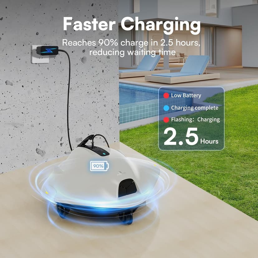 PoolMr Cordless Robotic Pool Cleaner - Above Ground Pool Vacuum Robot - 40W Strong Suction, Dual Cleaning System, Barrier Crossing, 120-Min Runtime Up to 1614 Sq for Above Ground Pools, Grayish White