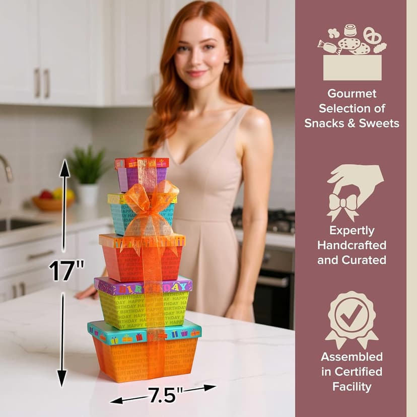 Broadway Basketeers Birthday Gift Basket Tower – Snack Boxes with Gourmet Cookies, Chocolates & Popcorn – Happy Birthday Gifts for Women, Mom, Sister, Friends & Coworkers