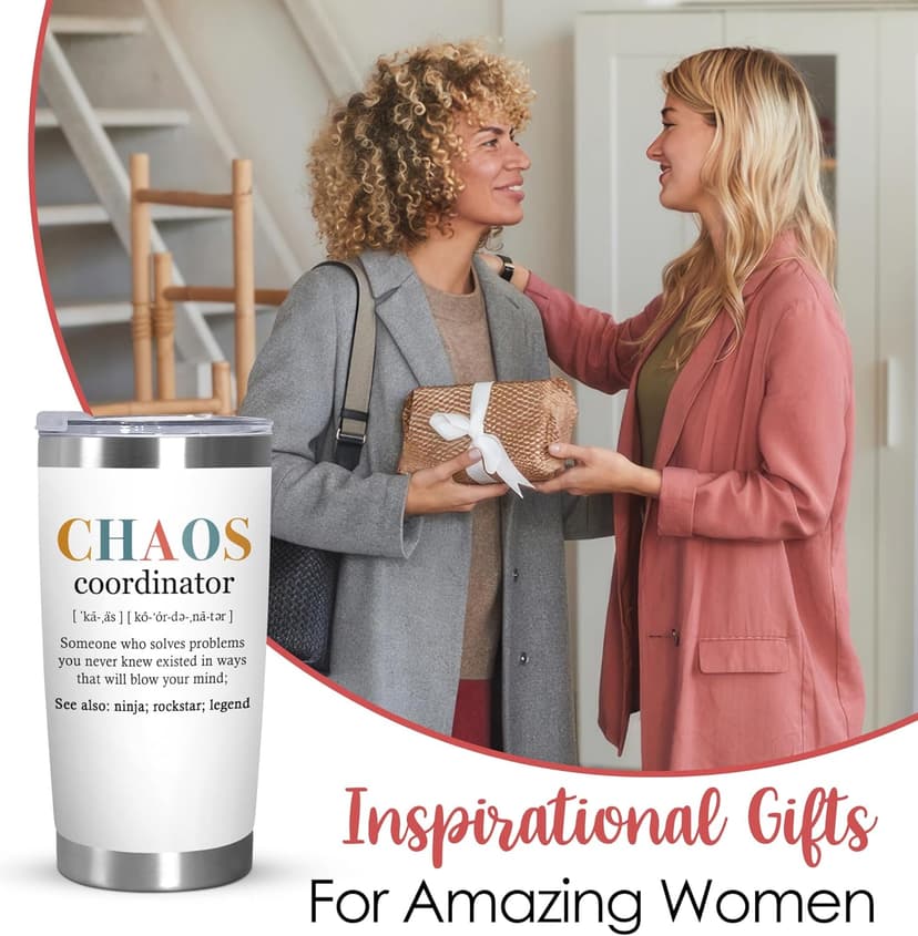 TEEZWONDER Christmas Thank You Gifts For Women - Chaos Coordinator Insulated Coffee Tumbler with Lid 20 oz - Teacher Retirement Appreciation Birthday Gifts for Women Friends Coworkers Boss Employee