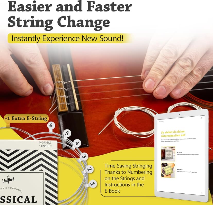 Belfort Classical Guitar Strings Nylon - Classical Nylon Strings Coated in Silver - 6 Guitar String Set + Extra 1E - Cuerdas para guitarra acustica - Cuerdas de guitarra acustica