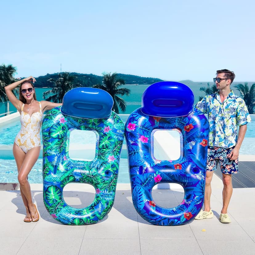 FindUWill Pool Floats Chairs Adult - 2 Pack 65'' x 42'' Large Pool Float Chairs, Inflatable Pool Lounger with Cup Phone Holder, Backrest, Footrest, Tanning Pool Lounge