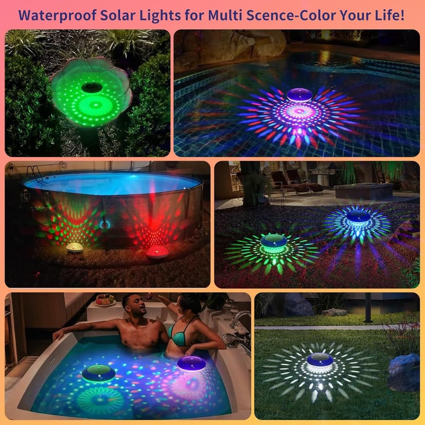 FirstE Solar Floating Pool Lights, RGB Color Changing Pool Floating Light, IP68 Waterproof LED Solar Pool Lights That Float, Hangable Auto ON Off for Above In Ground Pools Wedding Party Decoration (2)