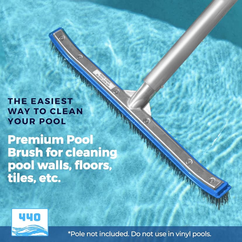 440 Heavy Duty Pool Brush - 18-inch Extra-Wide Metal Brush Head with Stainless Steel Wire Bristles & Curved Edges for Cleaning Pool Tiles, Walls, Floor, Steps (Stainless Steel)