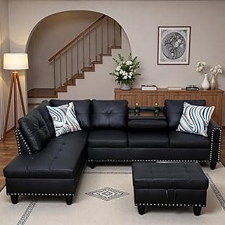 Topcomfy 97.5" L Shaped Couch Set, Modular Sectional Couches for Living Room with Storage Ottoman, 4 Seat Home Sofa Living Room Furniture Sets with Chaise for Apartment Office (Leather, Black)