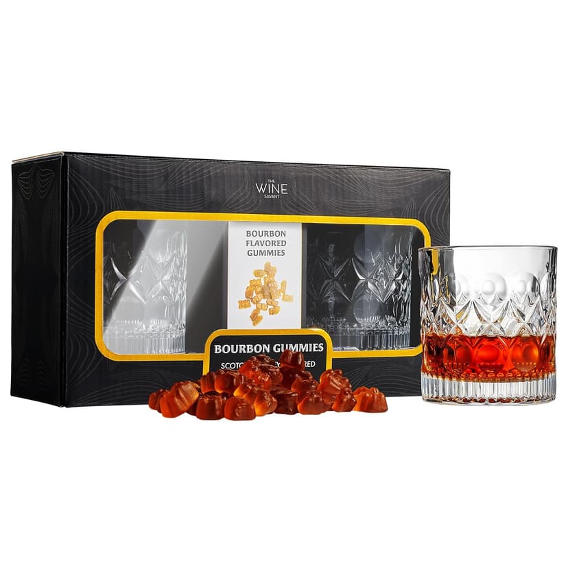 Bourbon Gummy Gift Set with 2 Whiskey Glasses – Bourbon-Flavored Candy Bears & Crystal Lowball Glasses – Father’s Day Gift for Whiskey & Scotch Lovers, Dad, Husband, or Him – Tasting Set