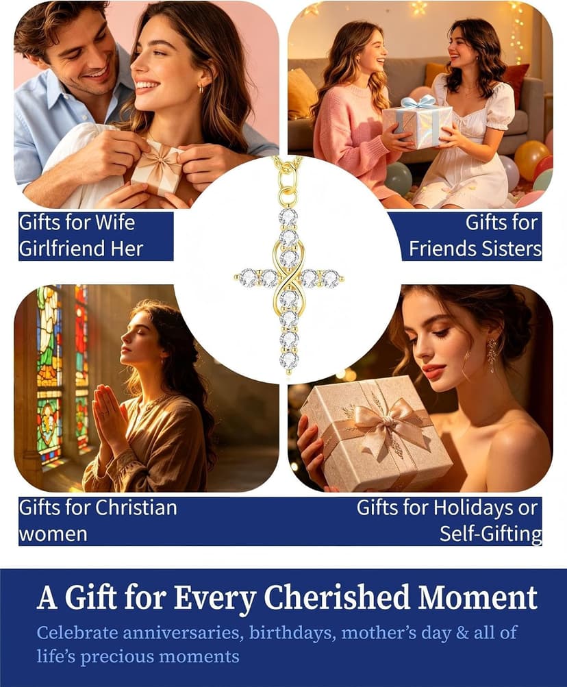 11 Round Moissanites,D-VVS1,Gifts for Christian Women,Religious Faith Jewelry|Anniversary Birthday Gifts for Wife Her w/LED Infinity Moissanite Cross Necklace for Women|S925 18K Gold Filled B0GVN8C6P5